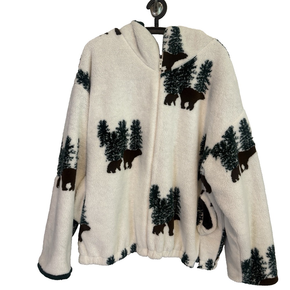 Womens Sherpa Full Zip Hooded Jacket XL Pockets Brown Bear Forest Cozy Comfort